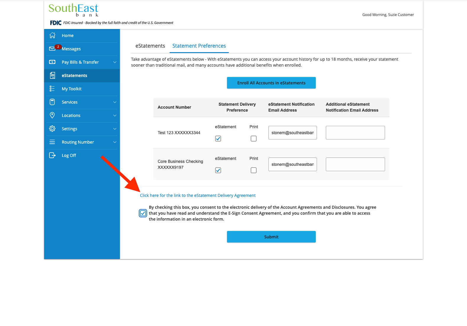 enroll in estatements consent form screenshot southeast bank